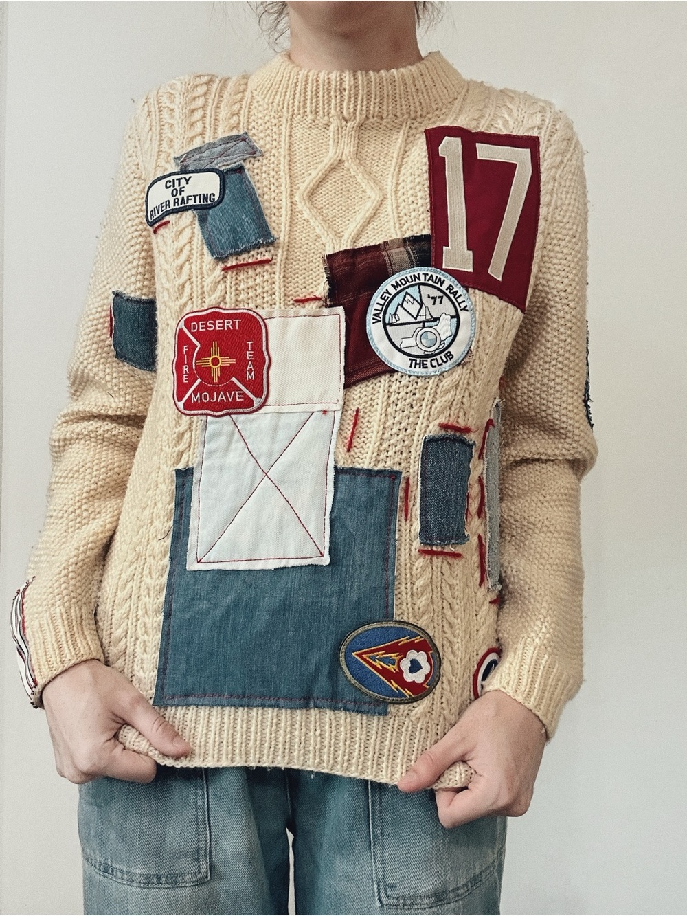 Riley’s Vintage 1880 Cream Patchwork Cable-Knit Sweater with Embroidered Patches